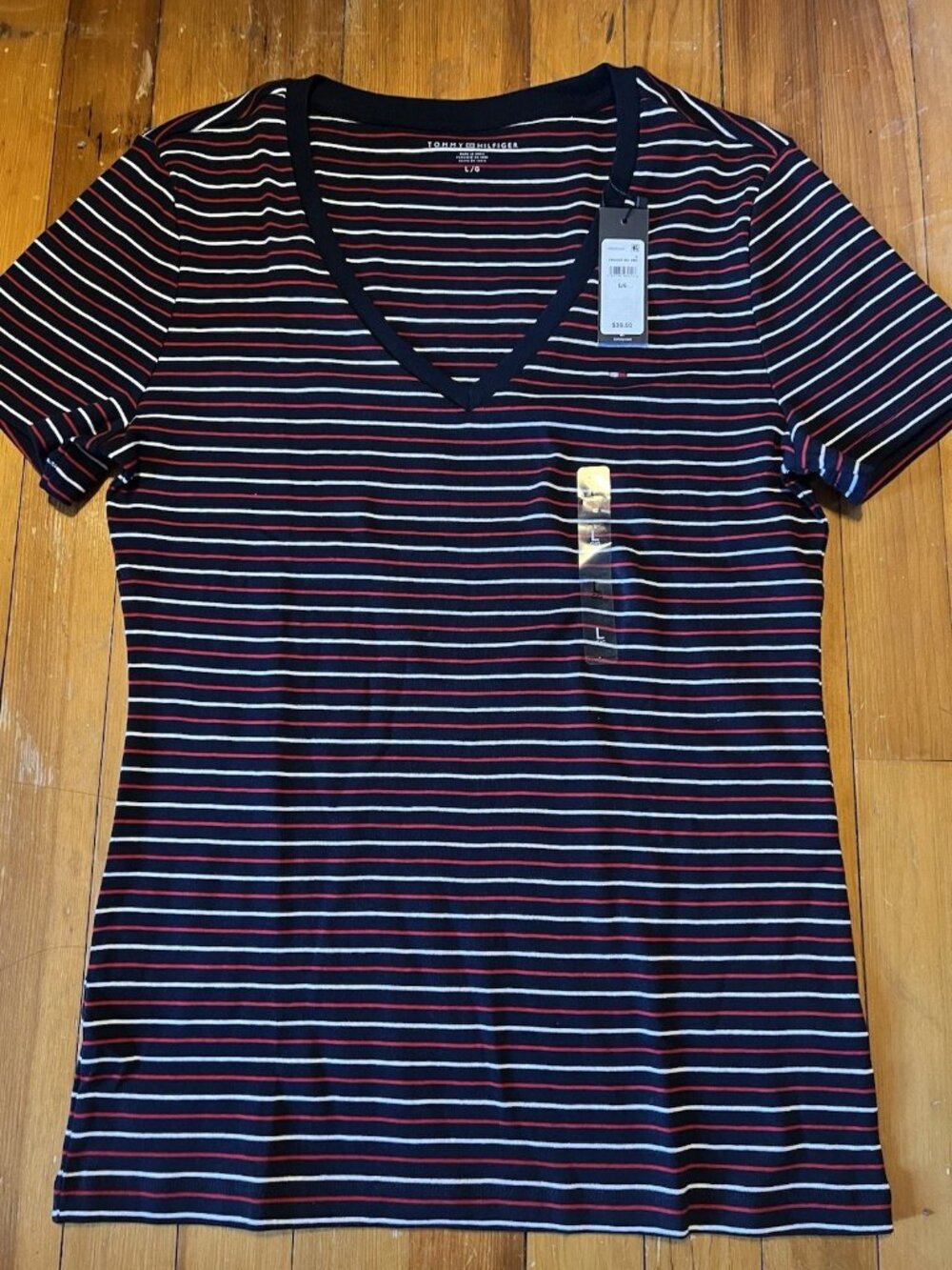 NWT Tommy Hilfiger Sz Lg V Neck Navy Blue Red & White Striped T-shirt top